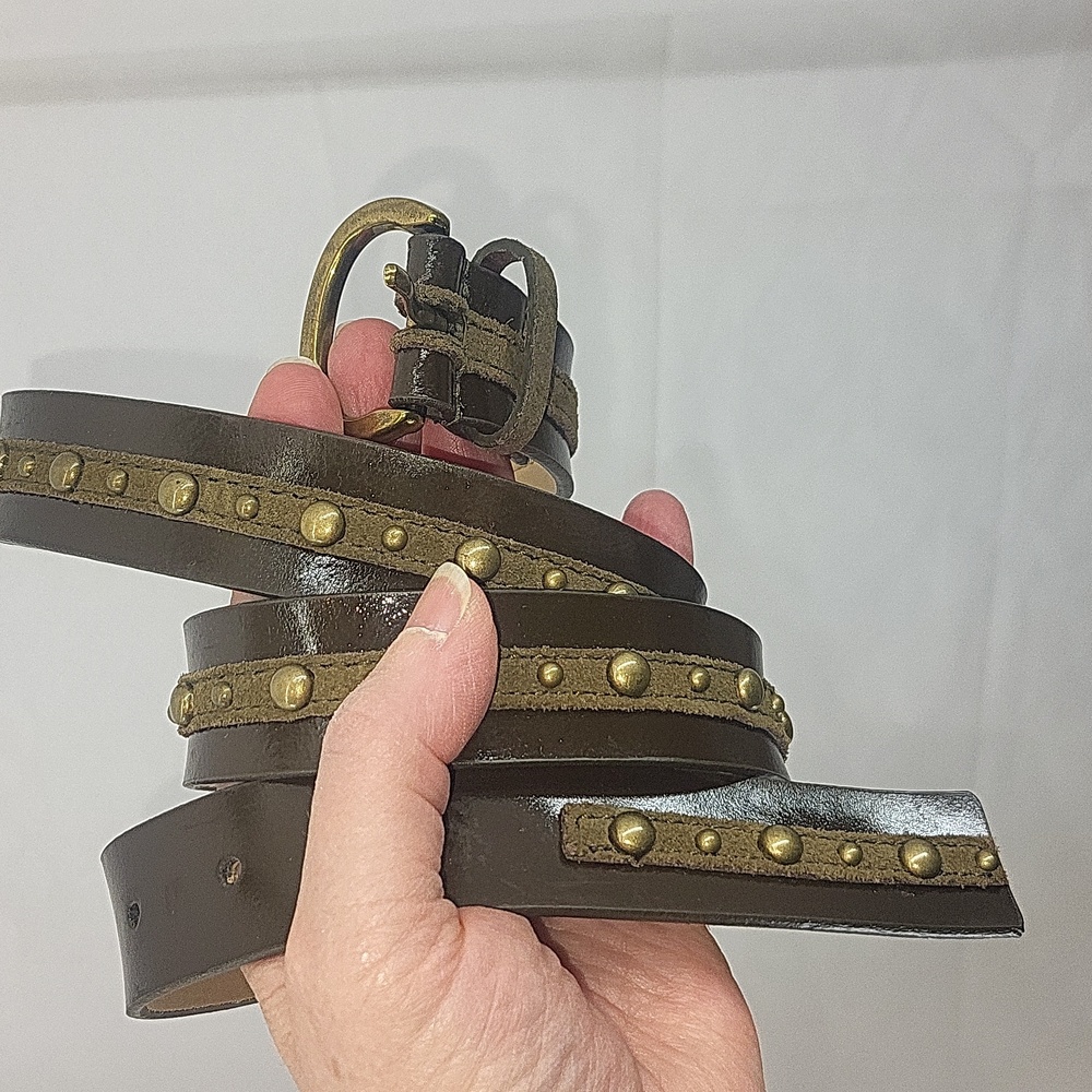 NINE WEST Two Tone Brown Leather and Brass Colored Stud Belt 1 1/8"  #327653